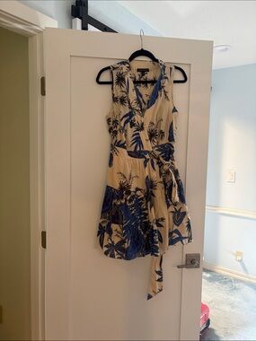 Banana Republic Factory Cream and Blue Tropical Wrap Mini Dress Sz S